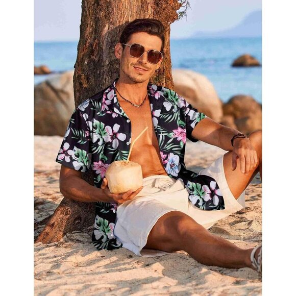 Mens Black & Pink  Hawaiian Shirts Short Sleeve Floral Button Down Shirt - Picture 3 of 7